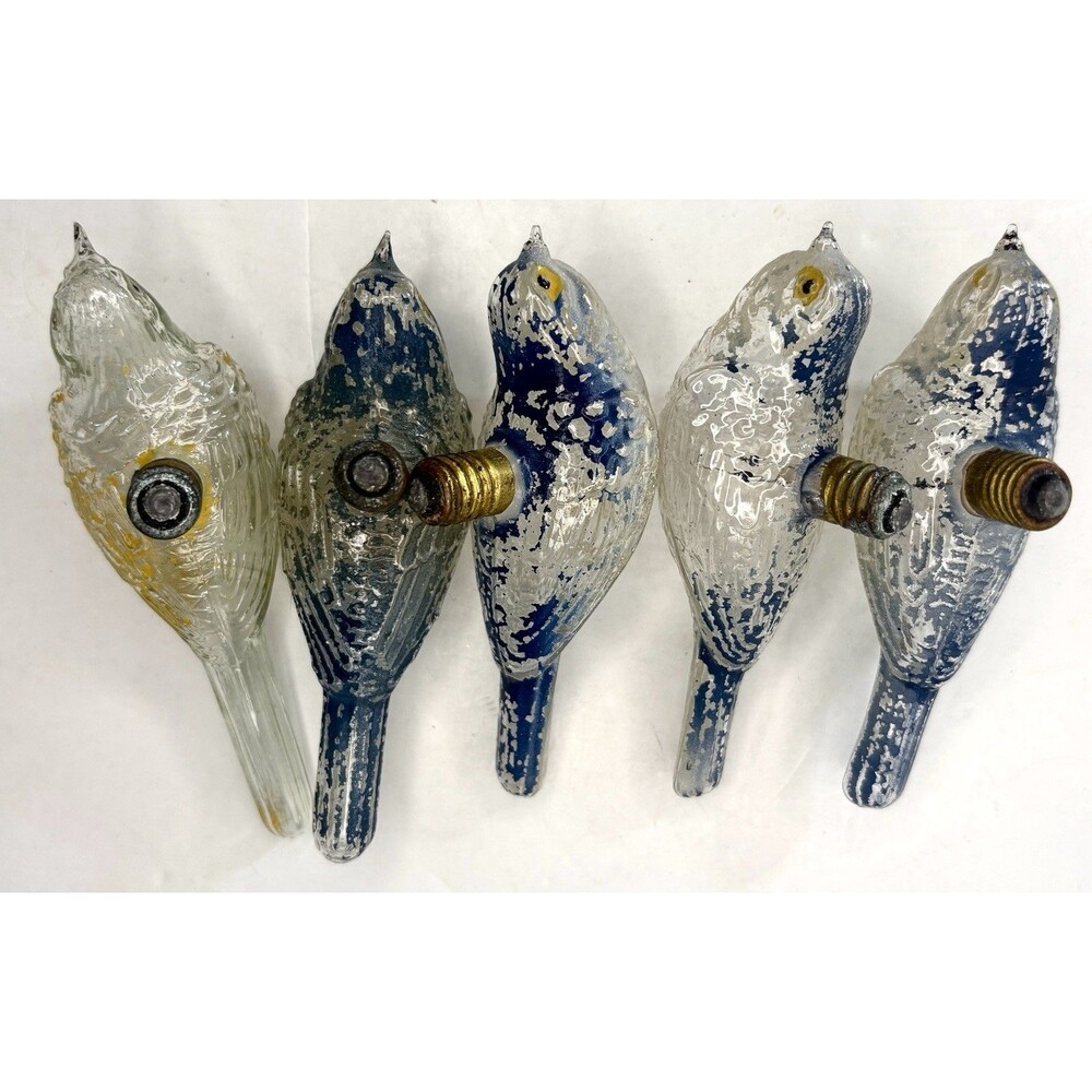 Christmas Bird Light Bulb Ornament Clear Glass Painted Blue Old• 5 Pc •Vintage